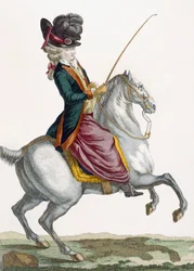 ヴォイザールの彫刻が施された馬に乗った若い女性、「Galeries des Modes et Costumes Francais」c.1778-87